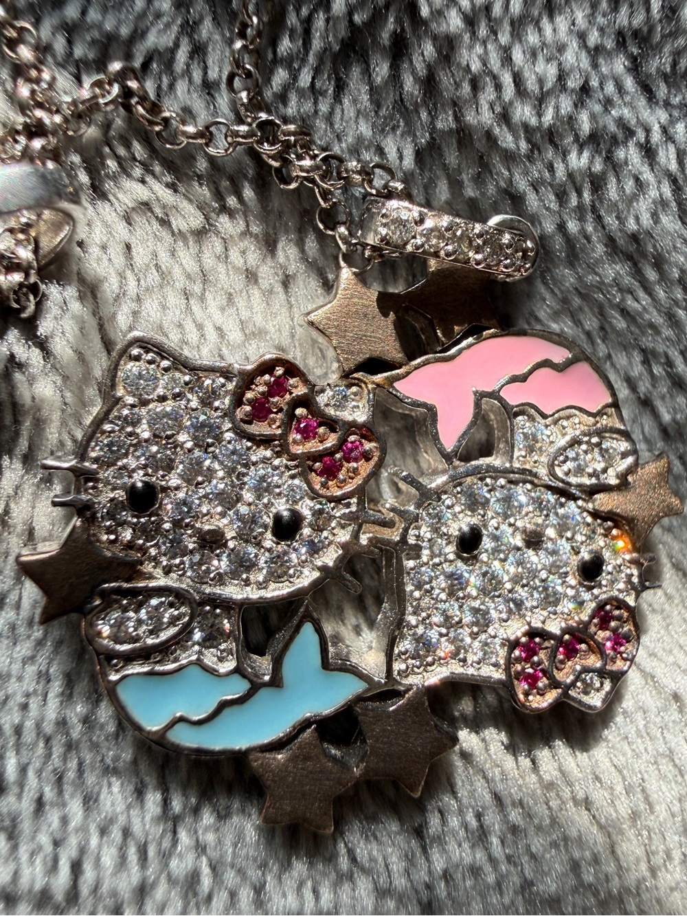 RARE Hello Kitty Diamonique Pisces Necklace - Pink & Light Blue deadstock